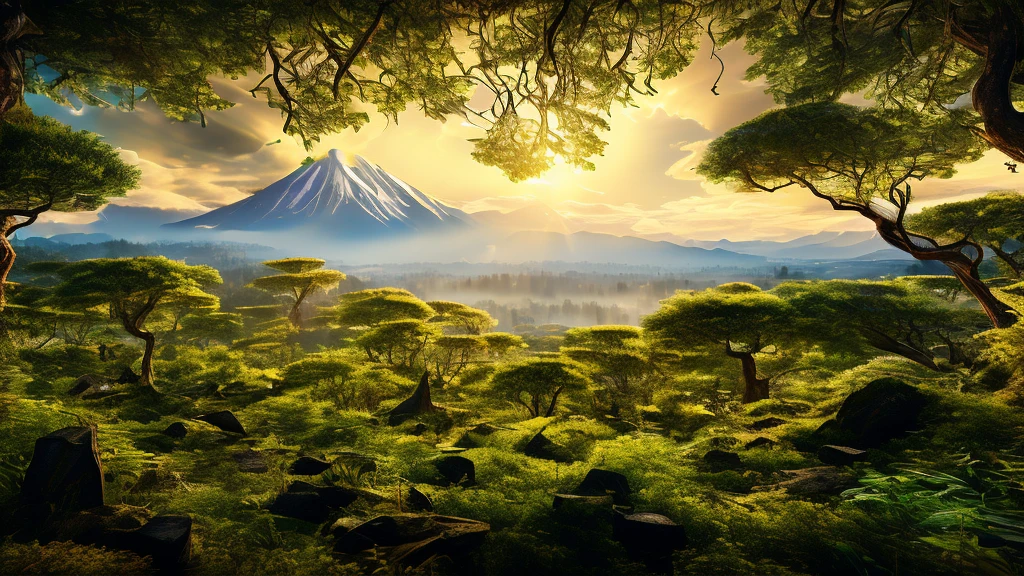 Panoramic image of a beautiful futuristic forest, with plants that have their own light, many colors and have a depth where you can see mountains and a beautiful sunset between the forest trees, little mushrooms and very trees bigs, a snake wrapped around a branch of tree, ayahuasca visions, 8k, best quality