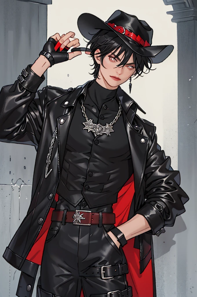 A fashion illustration of a male model wearing a gothic cowboy outfit. He is wearing leather flared pants, a jacket ((cropped at the chest)), black boots, a skin tight button up shirt, a red necktie, black ((fingerless)) gloves, and a black cowboy hat. The outfit has chains for detailing, and an ornate belt buckle. He can be seen head to toe. He has black hair, and red eyes. The main colour theme is black, white, and red. Show me the front and the back of the outfit., masterpiece, UHD, anatomically correct, super detail