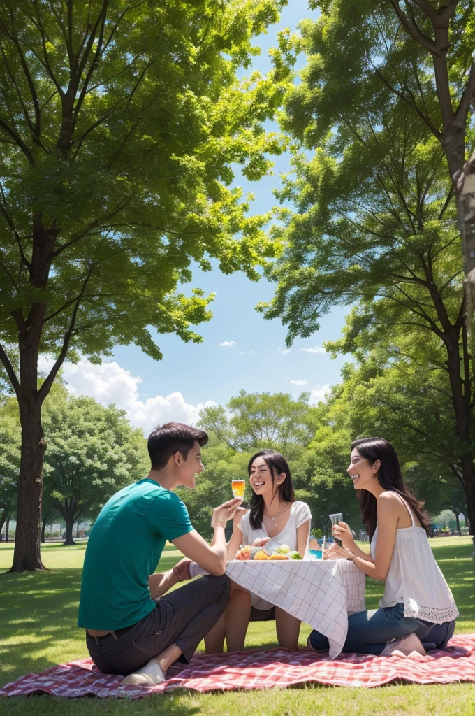 Describe a scene of a group of friends having a picnic in a sunny park. They are surrounded by green trees and colorful flowers, spread around a perfectly plaid tablecloth laid out on the floor. The woman and the man are perfect, with radiant smiles and elegant posture. All fingers are perfectly positioned while sharing food and drink, and some are playing frisbee in the background. The sky is clear, with few white clouds, let's illuminate your surroundings, creating soft shadows under the trees.