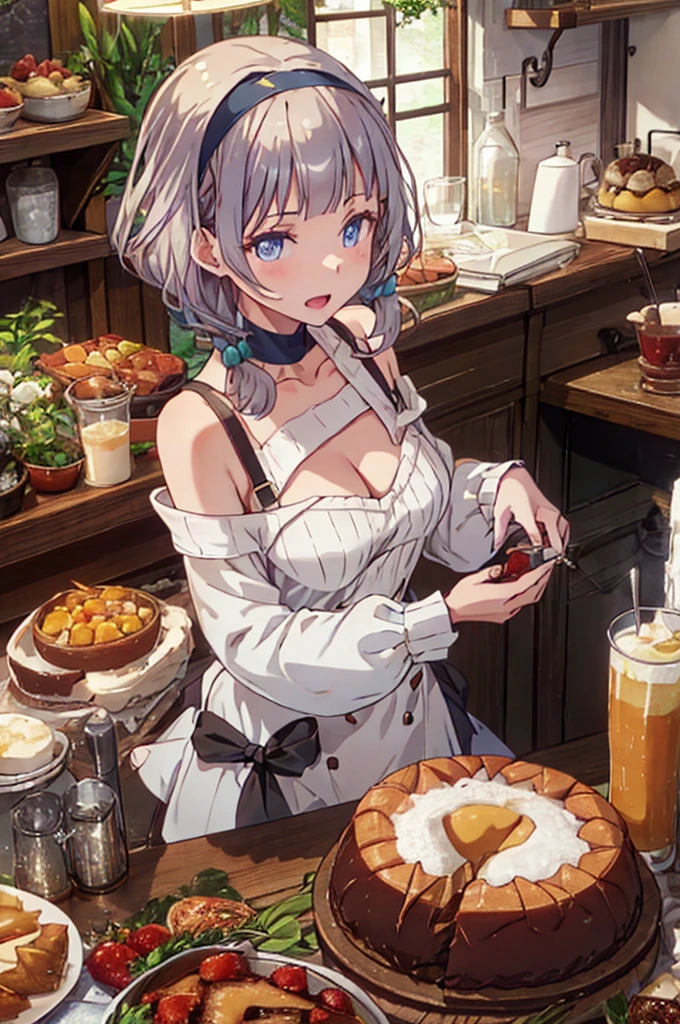 (small breasts:1.3), (perky chest:1.1), (pointed chest:1.0), (Pudding cake magazine cover:1.3)，(from above:1.0),(from side:0.9),masterpiece, 1girl, Amazing Cleavage:1.1, thin waist, big ass, Raised sexy, small breast: 1.3, sexy posed cleavage:1.2,solo, open mouth, have a cute grass of cute beergrass,bronde hair, dark blue eyes, dress, bare shoulders, jewelry, collarbone, sidelocks, hairband, earrings, indoors, off shoulder, sweater, arms behind back, plant, short hair with long locks, gild hairband, sweater dress:1.2, off-shoulder sweater, red sweater, dark gord hair, big side hair, very long side hair,is rendered in (masterpiece: 1.2, best quality), with (ultra high resolution) and an exquisite (depth of field). This masterpiece is not only visually stunning but also tells,A scene of cooking in the kitchen in the classroom ,looking at viewer,
