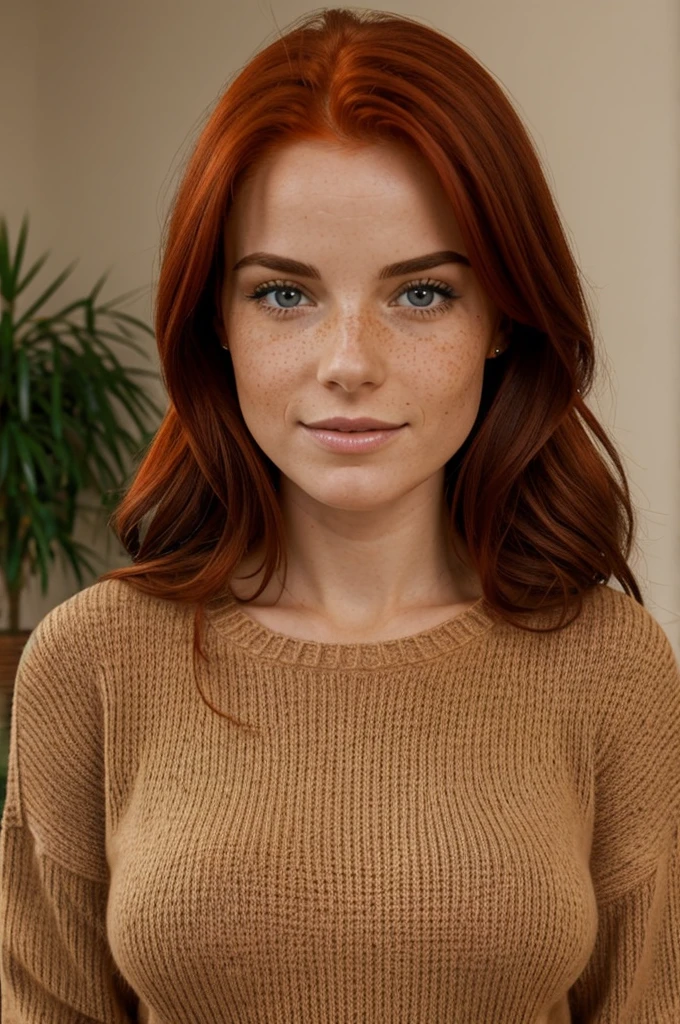 An Italian woman dressed in a sweater. She is a redhead with freckles and big tits. He is masturbating