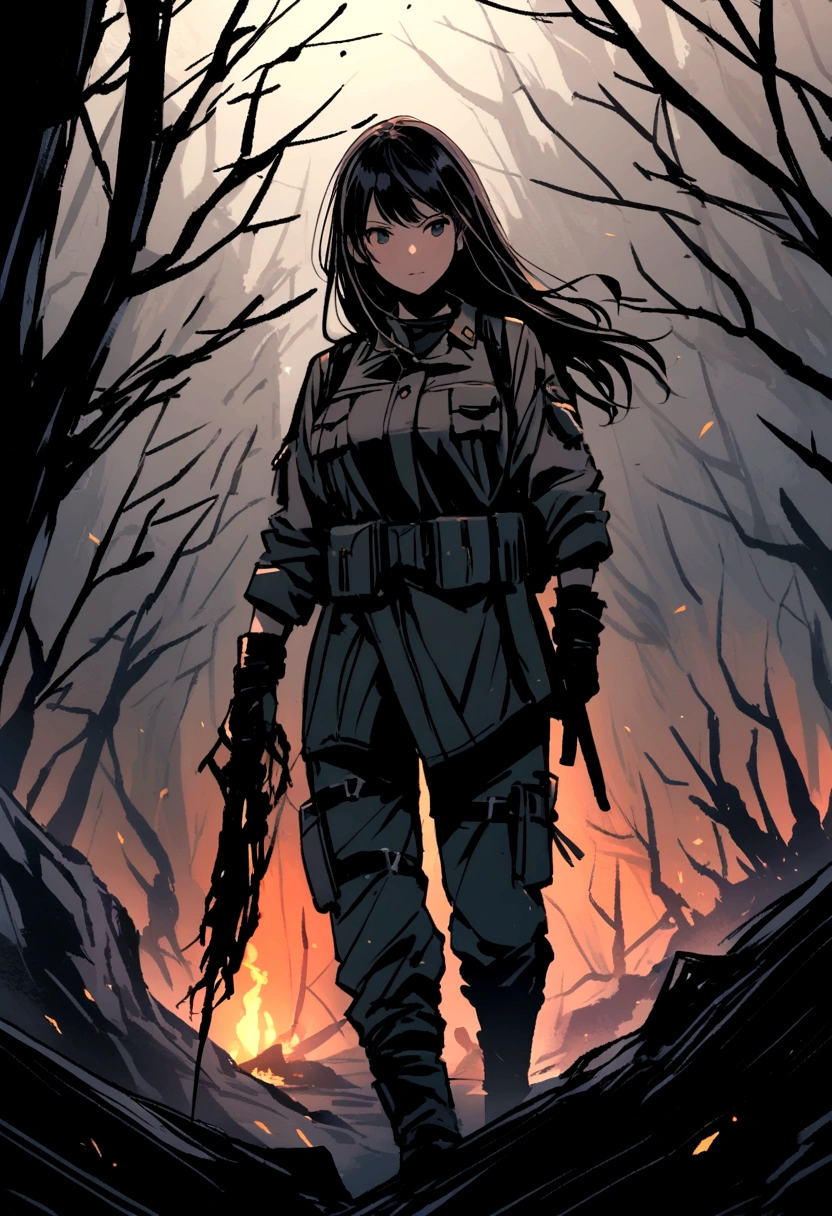 photo girl in Military style try to make fire in Survival situation, background dark wood
