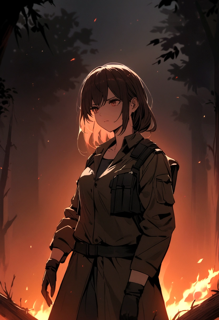photo girl in Military style try to make fire in Survival situation, background dark wood