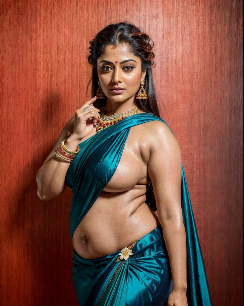 Looks like Sandeepa Dhar, beautiful mature Woman, desi mature aunty, mature Indian beauty, middle aged woman, milf, curvy thick figure, attractive figure, captivating beauty, enchantress, mature aunty, bhabhi, beautiful gorgeous round face, Extremely gorgeous, round face, shoot for a famous cosmetics brand, shoot for top health magazine cover Page, bold photoshoot, bold looks, body positivity, stunning beauty, ravishing, spicy hot, sizzling hot, sensual shoot, artistic sensual photograpy, thick figure, curvy, Thick navel, sexy tempting lady, sexy navel folds, fleshy figure, woman with a flower in her hair and a flower in her hair, closeup portrait shot, movie stills photography, traditional beauty, body sweat, glistening skin, feminine curve, curvy body, skin texture, skin pores, traditional clothes , traditional female hairstyles, pretty face!!, shot on sony alpha dslr-a300, indian woman with brown skin, indian goddess, traditional makeup, movie stills, actress, close - up portrait shot, detailed portrait shot, ultra HD, 32k, hyper realistic, hyper realistic skin, High level professional photography, insane details, high quality skin, beautymarks, real photograph, add every possible elements to make the photo looks as real photograph, tattoo, tattoo like tattooed tribal woman, chocolate brown skin, juicy thick figure, beautiful curvy figure, fleshy figure,