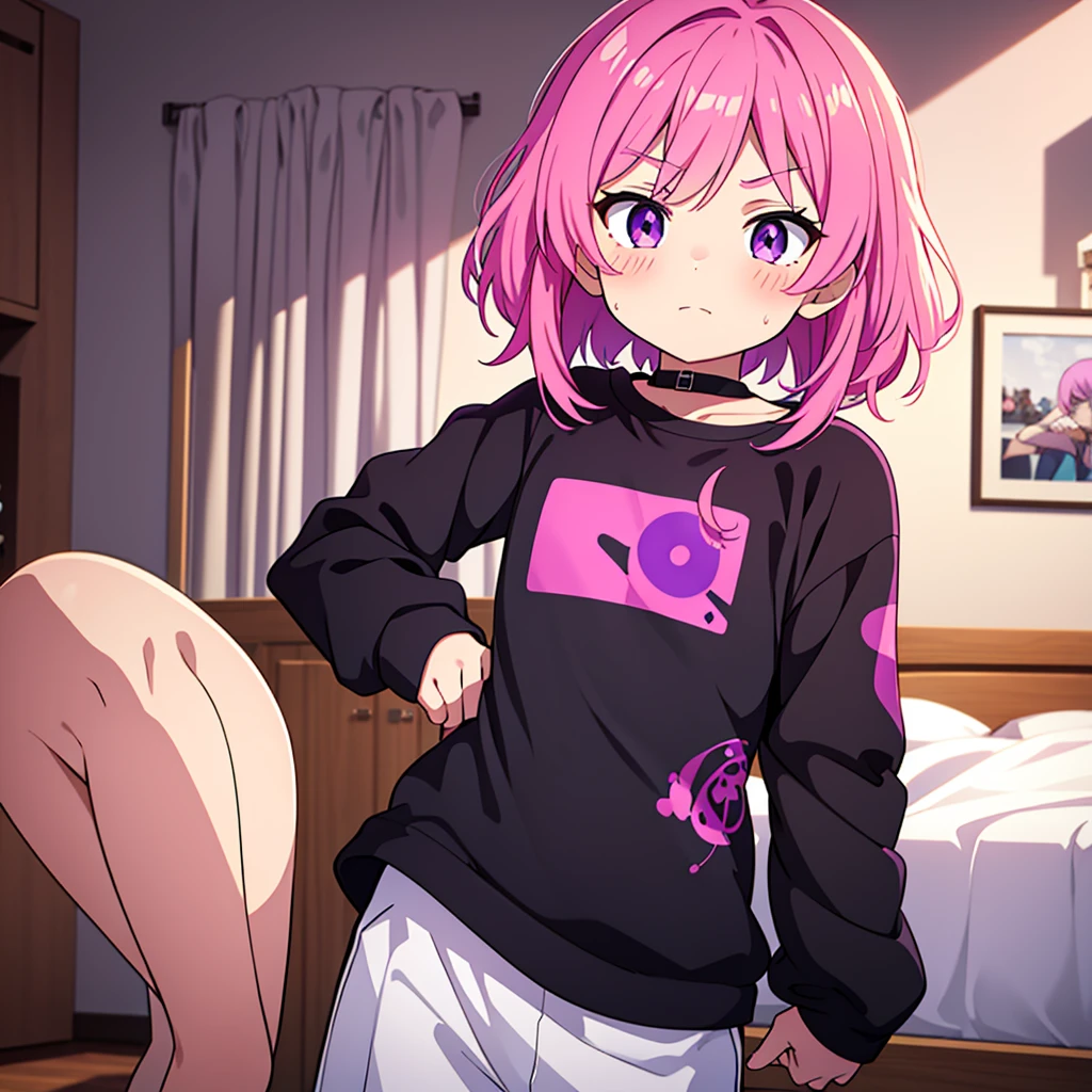 Saika have ,he is a boy, he has short striking pink hair that falls in soft waves around his face, complementing his vibrant purple eyes. His features are sharp and defined, with a youthful charm that is accentuated by his slender build. He often wears a stylish black jacket over a graphic t-shirt and jogging àd sometimes tight, completing his edgy and modern look, he is in his bedroom. He blush a bit
