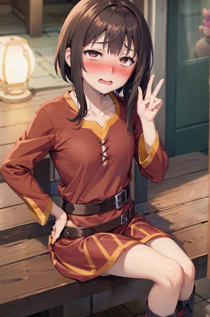 peace sign,(masterpiece, best quality), intricate details, 1girl, megumin, short hair, belt indoors,ahg rolling eyes tongue((((blush)))),(cleatched teetch)