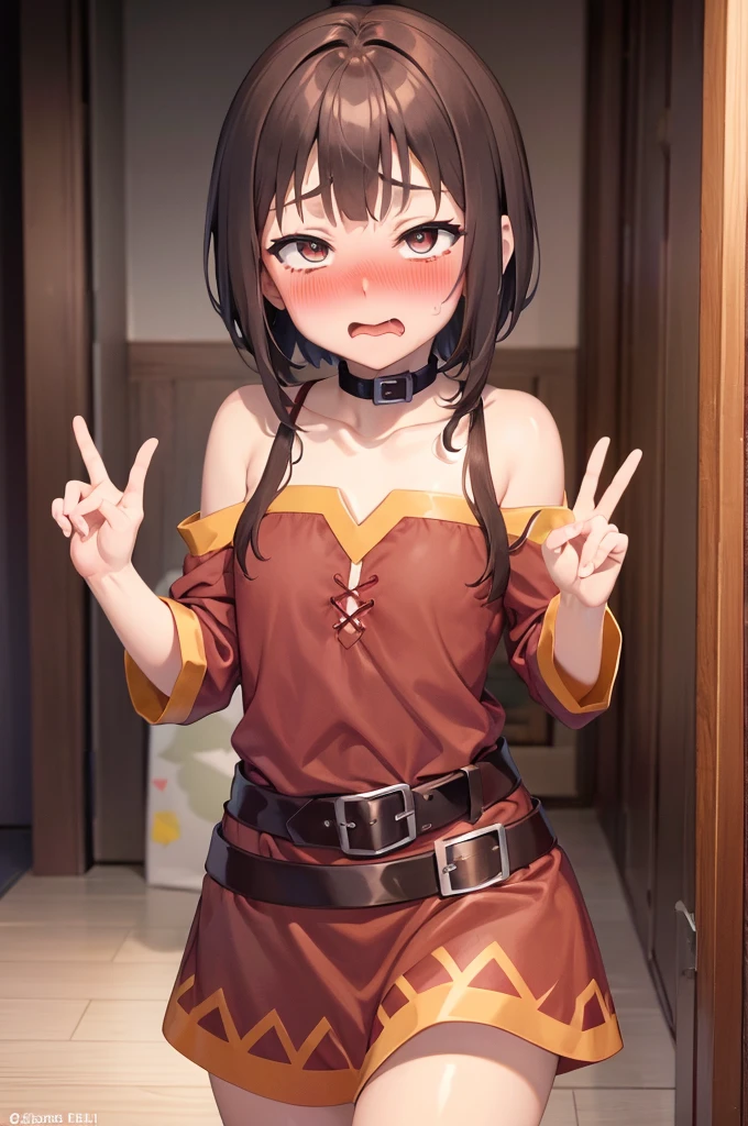 peace sign,(masterpiece, best quality), intricate details, 1girl, megumin, short hair, belt indoors,ahg rolling eyes tongue((((blush)))),(cleatched teetch)