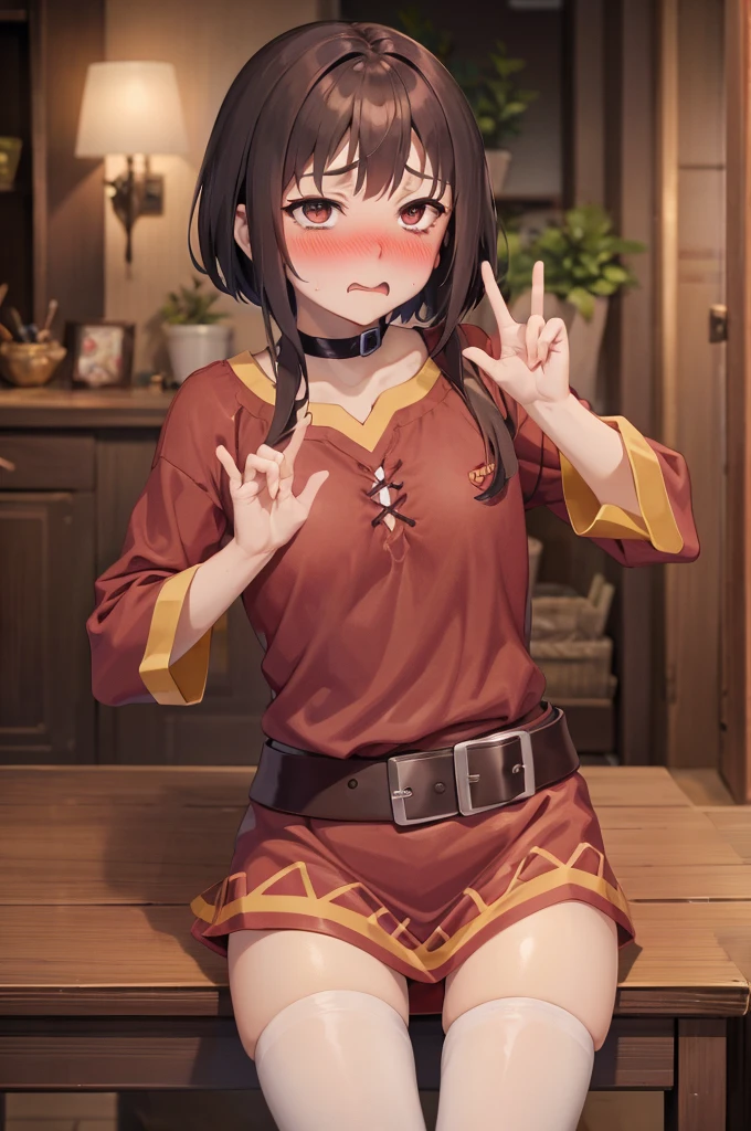 peace sign,(masterpiece, best quality), intricate details, 1girl, megumin, short hair, belt indoors,ahg rolling eyes tongue((((blush)))),(cleatched teetch)