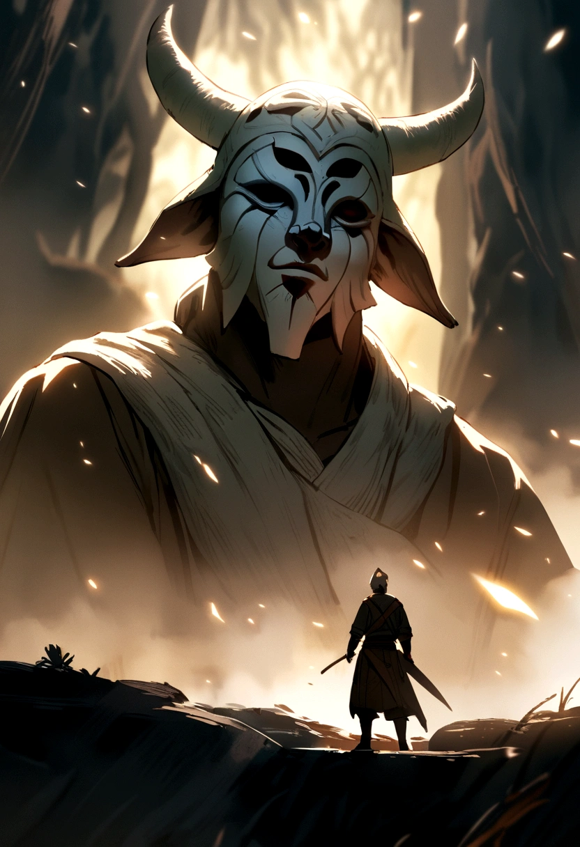 A man wearing a goatskin Jedi mask and the head of Atreus, the legendary human who protects the village from invaders. Full body portrait.