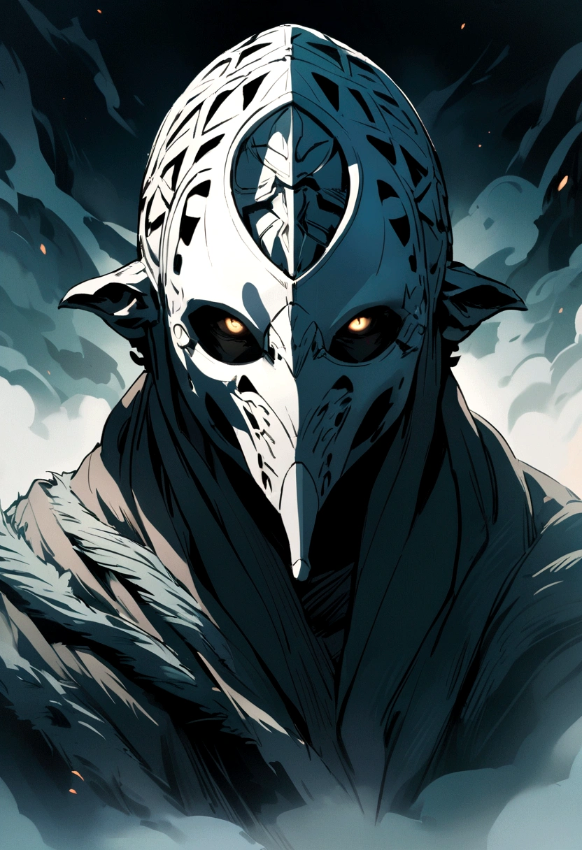 A man wearing a goatskin Jedi mask and the head of Atreus, the legendary human who protects the village from invaders. Full body portrait.