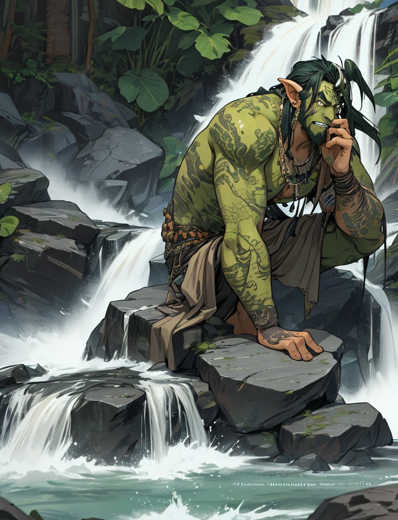 Dark eyes, ork, tusks, green skin, handsome, model looking, in water, by waterfall, tattoos, muscular, 2D, manga, hand drawn, comic realism