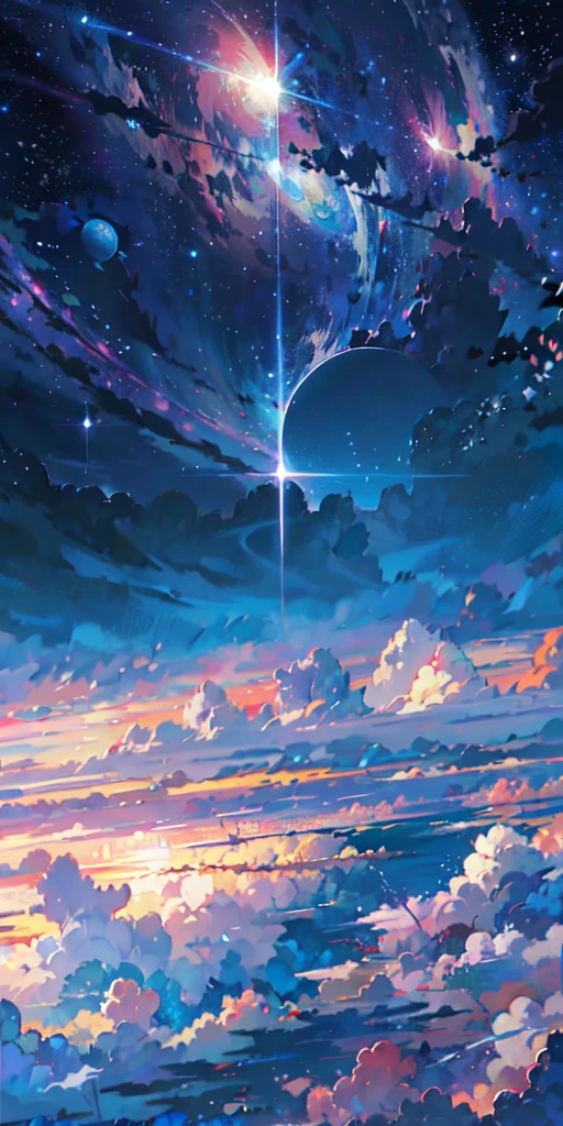 anime - style scene of a beautiful sky with a star and a planet, cosmic skies. by makoto shinkai, anime art wallpaper 4k, anime art wallpaper 4 k, anime art wallpaper 8 k, anime wallpaper 4k, anime wallpaper 4 k, 4k anime wallpaper, anime sky, amazing wallpaper, anime background, heaven planet in background, anime background art