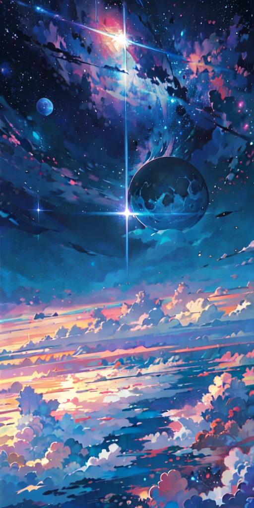 anime - style scene of a beautiful sky with a star and a planet, cosmic skies. by makoto shinkai, anime art wallpaper 4k, anime art wallpaper 4 k, anime art wallpaper 8 k, anime wallpaper 4k, anime wallpaper 4 k, 4k anime wallpaper, anime sky, amazing wallpaper, anime background, heaven planet in background, anime background art