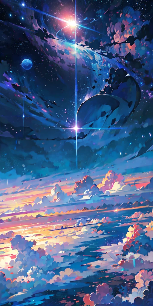 anime - style scene of a beautiful sky with a star and a planet, cosmic skies. by makoto shinkai, anime art wallpaper 4k, anime art wallpaper 4 k, anime art wallpaper 8 k, anime wallpaper 4k, anime wallpaper 4 k, 4k anime wallpaper, anime sky, amazing wallpaper, anime background, heaven planet in background, anime background art
