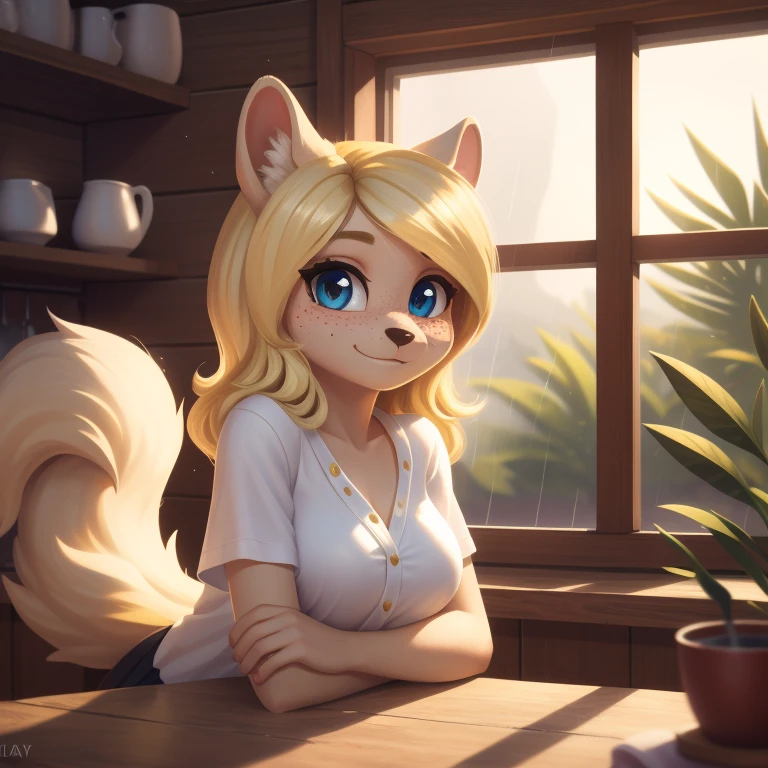 minerva, medium breast,
(detailed blonde hair:1.4), (detailed perfect eyes:1.2), white fur, (detailed fluffy fur:1.2), perfect hourglass body, mink snout, (long fluffy blonde tail:1.3), beautiful black eyes, relaxed pose, looking at viewer,
(freckles:1.2), light smile,
serving coffee,
(masterpiece:1.2), (best quality:1.2), (intricate:1.2), (highly detailed:1.2), (sharp:1.2), (8k:1.2), (highres:1.2),
cinematic summer tropical lighting, vivid colors,
kitchen, wooden cabin,
window, forest, rain,
aliceinwonderlandoutfit