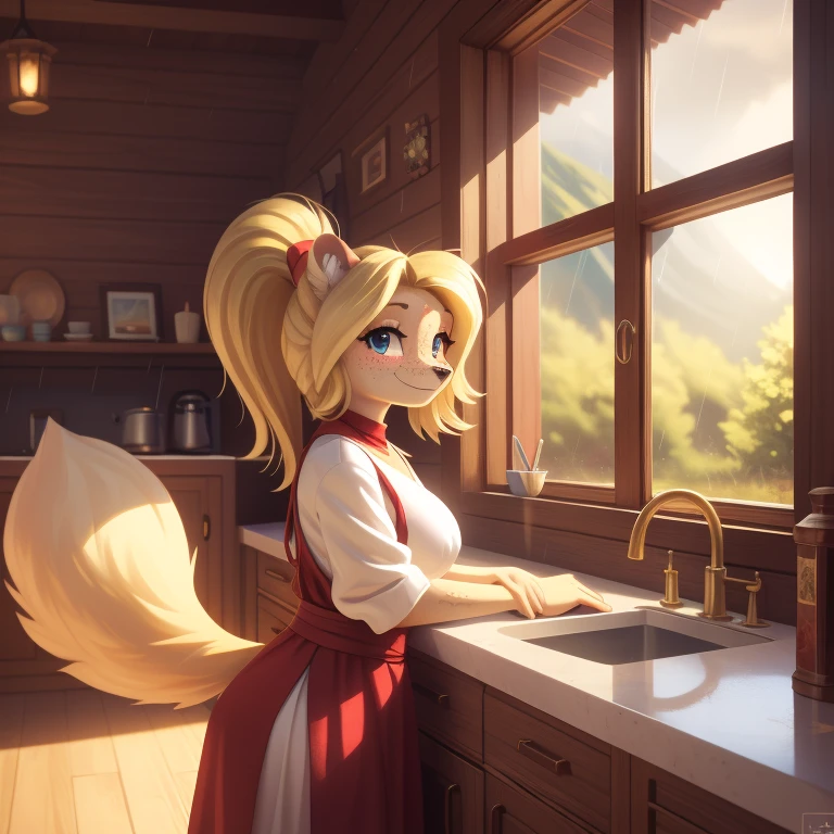 minerva, medium breast,
(detailed blonde hair:1.4), (detailed perfect eyes:1.2), white fur, (detailed fluffy fur:1.2), perfect hourglass body, mink snout, (long fluffy blonde tail:1.3), beautiful black eyes, relaxed pose, looking at viewer,
(freckles:1.2), light smile,
serving coffee,
(masterpiece:1.2), (best quality:1.2), (intricate:1.2), (highly detailed:1.2), (sharp:1.2), (8k:1.2), (highres:1.2),
cinematic summer tropical lighting, vivid colors,
kitchen, wooden cabin,
window, forest, rain,
aliceinwonderlandoutfit