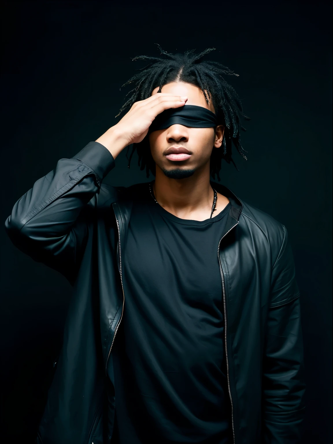 black T-shirt, front open jacket, black background, facing forward, waist up, midnight, black man, grunge hair, blindfold, gothic rock