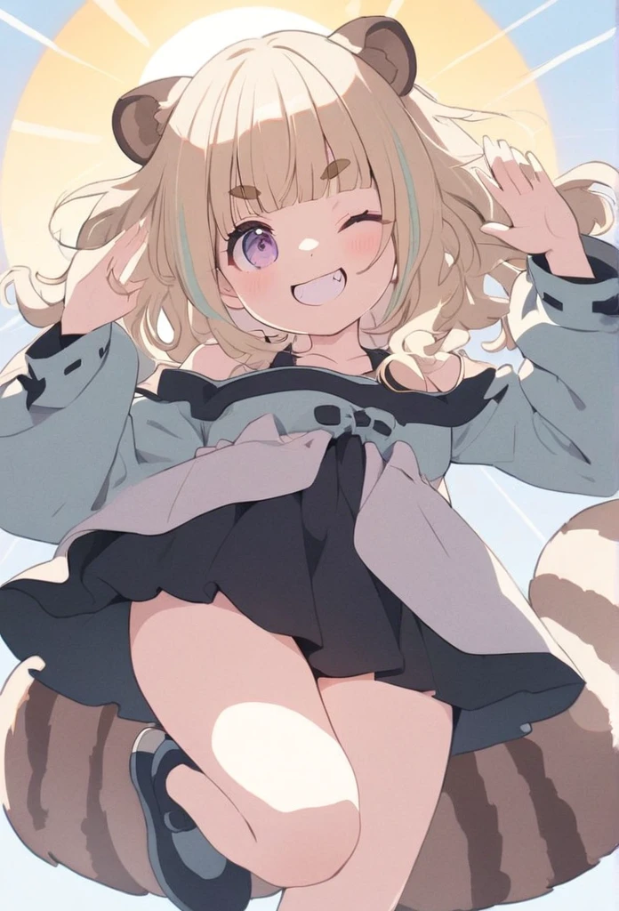 anime,(pale colors:1.8),long shot, 1girl, solo, (on right:1.3), full body, solo, grin, smile, closed one eye, dynamic angle, salute, fang, light yellow hair, racoon ears, racoon tail, (brown streaked hair:1.3), side braid, (blunt bangs), wavy hair,thick eyebrows, offshoulder clothes, sun background,
