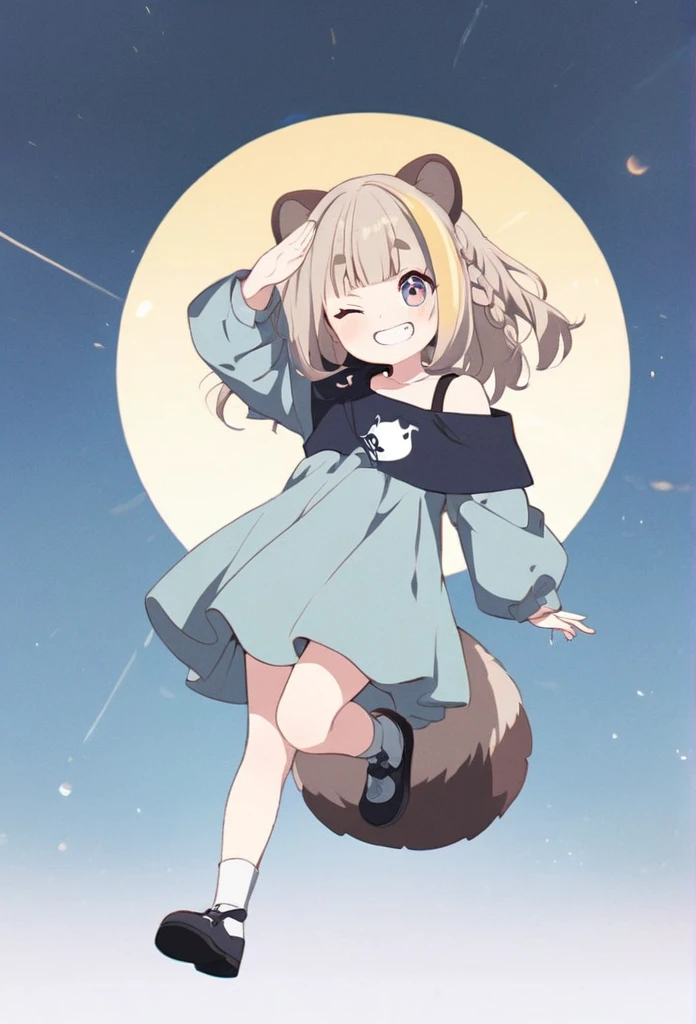 anime,(pale colors:1.8),long shot, 1girl, solo, (on right:1.3), full body, solo, grin, smile, closed one eye, dynamic angle, salute, fang, light yellow hair, racoon ears, racoon tail, (brown streaked hair:1.3), side braid, (blunt bangs), wavy hair,thick eyebrows, offshoulder clothes, sun background, 