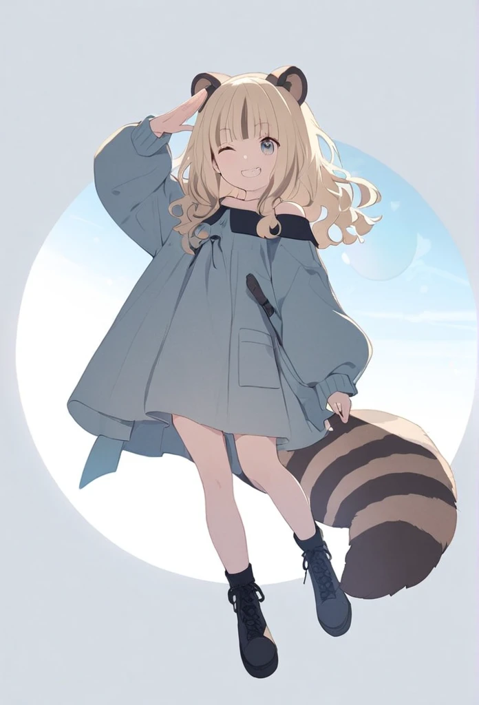 anime,(pale colors:1.8),long shot, 1girl, solo, (on right:1.3), full body, solo, grin, smile, closed one eye, dynamic angle, salute, fang, light yellow hair, racoon ears, racoon tail, (brown streaked hair:1.3), side braid, (blunt bangs), wavy hair,thick eyebrows, offshoulder clothes, sun background,
