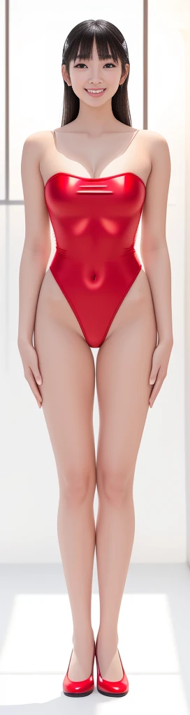On a white background,A tall and beautiful Chinese girl,with fair skin,Toothy smile,A big smile,When you laugh, Your eyes are crescent-shaped,blunt bangs, long straight hair,Wear a one-piece swimsuit and pumps,Swimsuits are decorated with joyful patterns, Stand up straight,Stand upright,hands on sides,Symmetrical distribution,Ray tracing,All shaded areas,No windows, Soft lighting, Warm light, flood light, n, Studio light, 1.4x Realistic Ultra HD