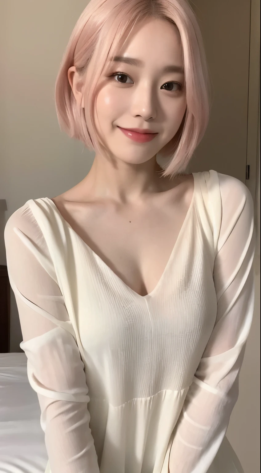 Haruno sakura, ((alone)), alone, E cup breasts,White blouse, ((Show your forehead)), smile,Are standing, Taking a selfie of myself in the mirror, Pink Hair, short hair, delicate, young, short hair, Detailed face, High resolution, ((whole body)), Bedroom, whole body, she is a beautiful , High quality face, beautiful, Shine,(masterpiece:1.3), High resolution, Very detailed, Very detailedな,Unity 8k wallpaper, Realistic, photo-Realistic, RAW Photos, Beautifully detailed face, Pale skin, Realistic glistening skin,