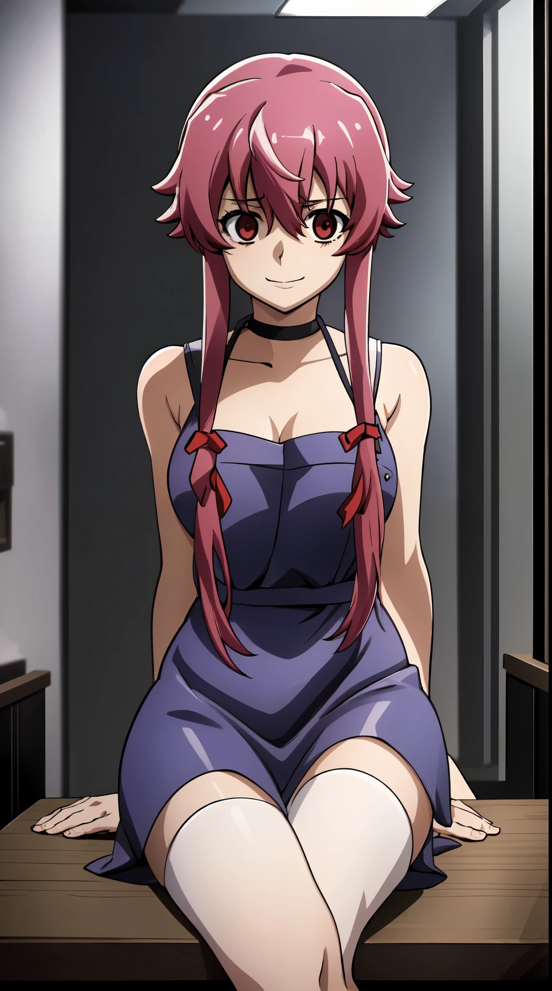 Create a vivid and detailed anime-style still image that captures the essence of Gasai Yuno in her kill room. The image should depict Gasai Yuno sitting in a provocative yet masterful pose, with an emphasis on the best quality and attention to detail. Gasai Yuno should be depicted as sexy and confident, with a solitary, intense gaze that conveys her dark and sinister nature.

The composition should highlight Gasai Yuno's character, with a focus on her large breasts (scaled at 1.5x), nipples, and solo presence. She should be wearing a black choker and black thigh highs, adding to her seductive and dangerous allure.

In the background, there should be a small table with a blood-stained knife and a black face mask, as well as a disturbing apron made of human skin. The setting should exude a dark and foreboding atmosphere, emphasizing the themes of psycho, evil smile, and a sense of impending danger. The presence of blood and the concept of a "kill room" should be prominent, evoking a sense of fear and urgency.

The overall tone of the image should be menacing and intense, with Gasai Yuno depicted as a hunter in pursuit. The composition should convey a sense of impending doom, with Gasai Yuno firmly established as a formidable and threatening presence.

This prompt will challenge AI to create a visually striking and thematically rich depiction of Gasai Yuno, allowing for an exploration of dark and sinister themes within the realm of anime art.