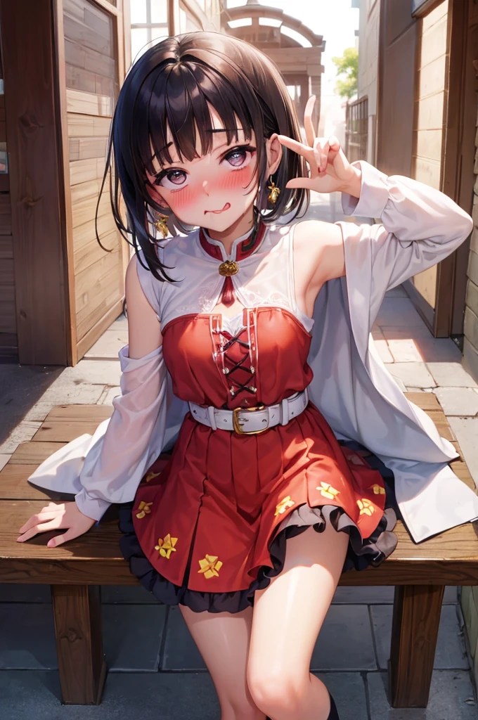 peace sign,(masterpiece, best quality), intricate details, 1girl, megumin, short hair, belt indoors,ahg rolling eyes tongue((((blush)))),(cleatched teetch)