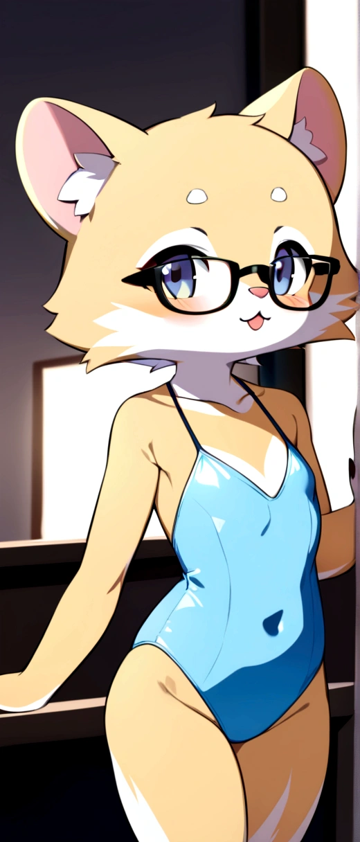 Small slim beautiful furry cub puppy with good thighs and in a swimsuit and with glasses.