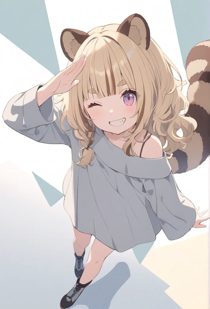 anime,(pale colors:1.8),long shot, 1girl, solo, (on right:1.3), full body, solo, grin, smile, closed one eye, dynamic angle, salute, fang, light yellow hair, racoon ears, racoon tail, (brown streaked hair:1.3), side braid, (blunt bangs), wavy hair,thick eyebrows, offshoulder clothes, geometry background,