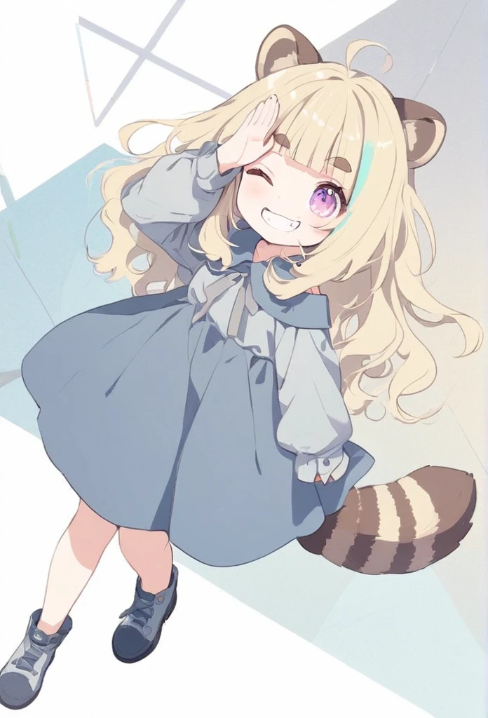 anime,(pale colors:1.8),long shot, 1girl, solo, (on right:1.3), full body, solo, grin, smile, closed one eye, dynamic angle, salute, fang, light yellow hair, racoon ears, racoon tail, (brown streaked hair:1.3), side braid, (blunt bangs), wavy hair,thick eyebrows, offshoulder clothes, geometry background,