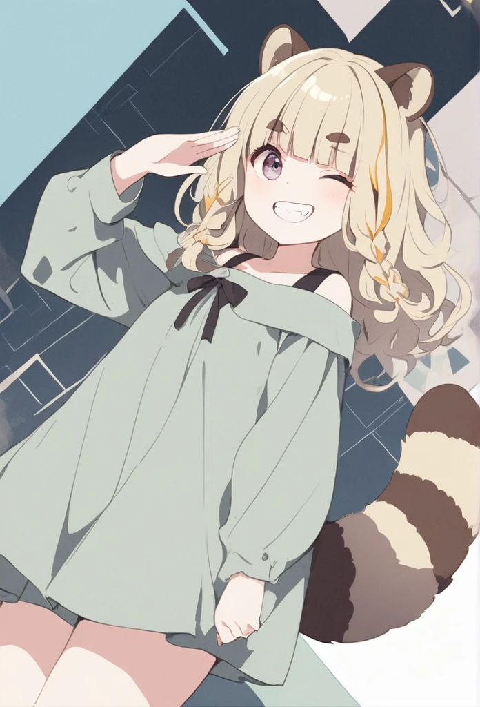anime,(pale colors:1.8),long shot, 1girl, solo, (on right:1.3), full body, solo, grin, smile, closed one eye, dynamic angle, salute, fang, light yellow hair, racoon ears, racoon tail, (brown streaked hair:1.3), side braid, (blunt bangs), wavy hair,thick eyebrows, offshoulder clothes, geometry background, 