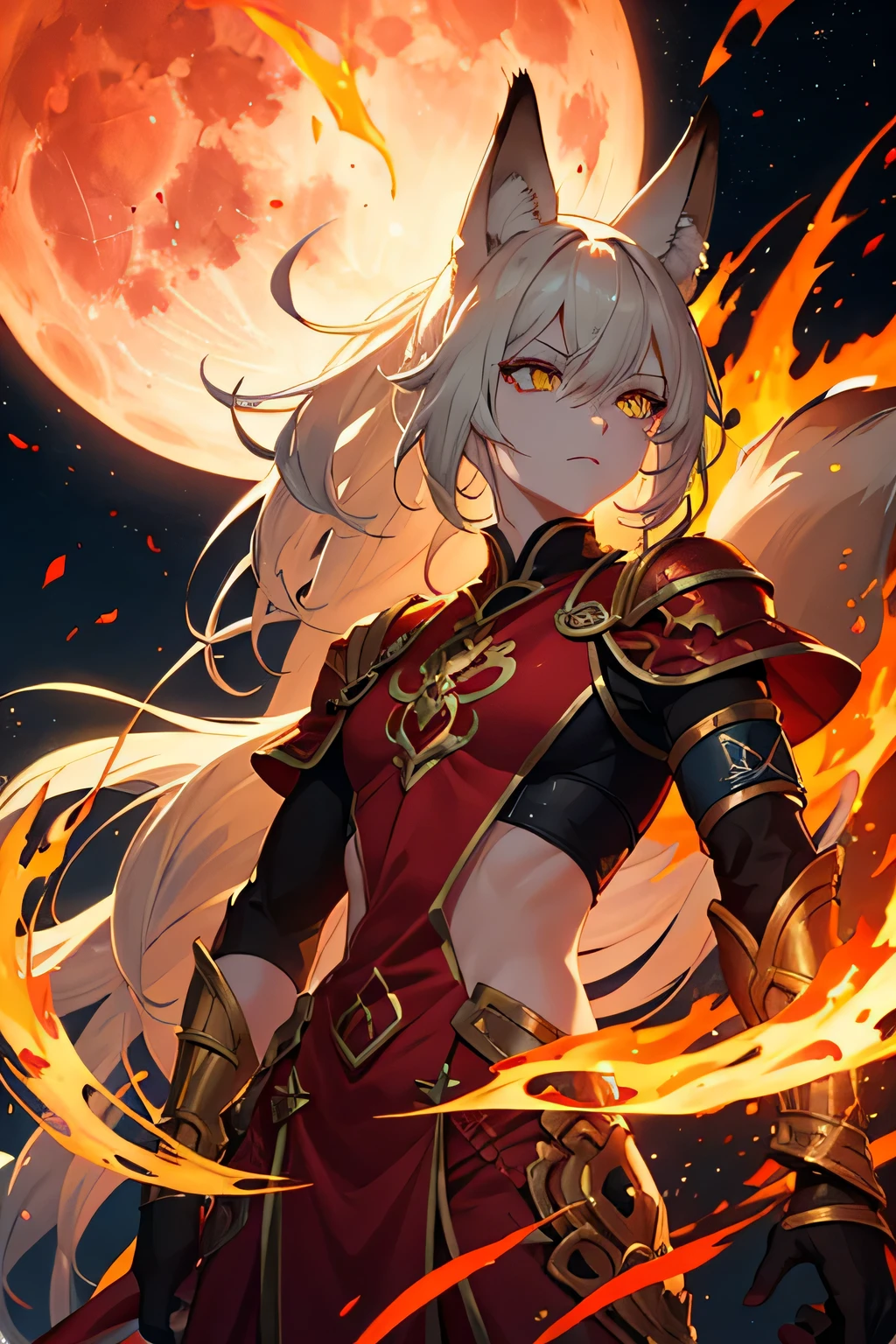 Fox with human face and features, with serious expression, yellow eyes with fire effect inside, in armband clothing with a blood moon as a symbol, red clothes and black parts, white skin and body.