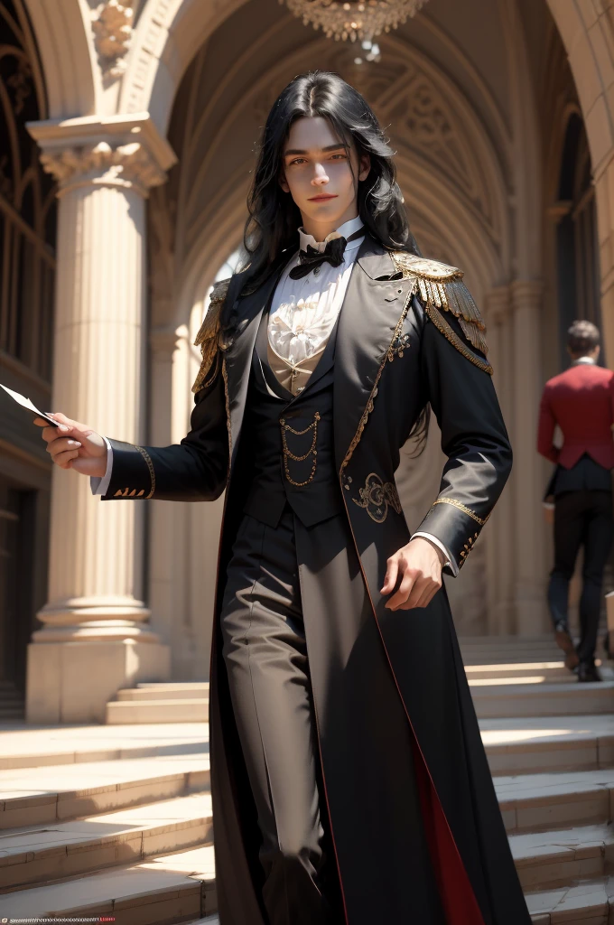 { - anatomy error}(Masterpiece - Ultra-detailed, very high resolution) Prepare to be enchanted by a true masterpiece that combines ultra-detailed art with high-resolution rendering. This work depicts a mesmerizing man with long black hair (1.3) and captivating golden eyes (1.2), emanating an aura of elegance and mystery in Victorian settings. The intricate details and realistic textures invite you to explore every aspect of this enchanting composition. Young man wearing a beautiful classic Victorian costume from the year 1878. Smiling. Happy face. Red lips. black costume. Walking, writing, standing, backwards, dynamic poses. Get ready to dive into a world where beauty and craftsmanship merge perfectly
