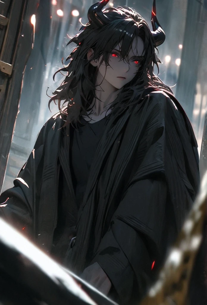 (solo), masculine, black hair, messy hair, mane hair, medium hair, dense hair, wild hair, expressive hair, mature,(25 year old), pale skin, red eyes, ((man)), wearing a black shirt, Black cloak, black demon horns,, serious, handsome, attractive, eye reflection, depth of field, thunder aura,cinematic lighting, ray tracing, depth of field, cinematic lighting, ray tracing, UHD, high details, best quality, highres, high quality, award winning, super detail, masterpiece, 8k, UHD, high details, best quality, highres, high quality, award winning, super detail, masterpiece, 8k, digital art, anime coloring, full body, body shot, good face, perfect face, detailed face, good eyes, sitting on a throne