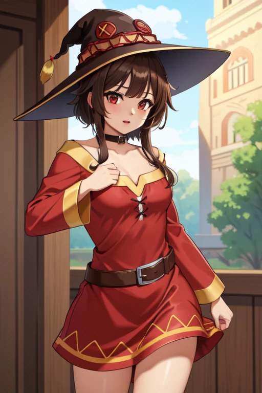 (masterpiece, best quality, detailed background, intricate details), 1girl, megumin, short brown hair, dress, red dress, hat, witch hat, belt, choker