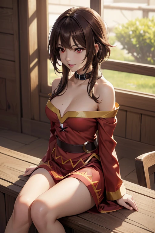 ((ultra quality)), ((Masterpiece)), ((8K)), ((Megumin)), ((brown hair)), (Beautiful face), (), charming, ((curious facial expression)), looks at the camera with a slight smile, eyes closed a little, (Skin color white), (White skin), glare on the body, ((detailed beautiful female eyes)), ((Red eyes)), (beautiful female lips), (dark eyeliner), (beautiful female hands), ((Ideal female figure)), Ideal female body, beautiful waist, beautiful hips, small breasts, (cloth: Megumin costume), ((subtle and beautiful)), sits seductively (), background: fantasy guild of heroes, ((depth of field)), ((high quality clear image)), (clear details), ((High detail)), realistically, ((Clear Focus)), anime.