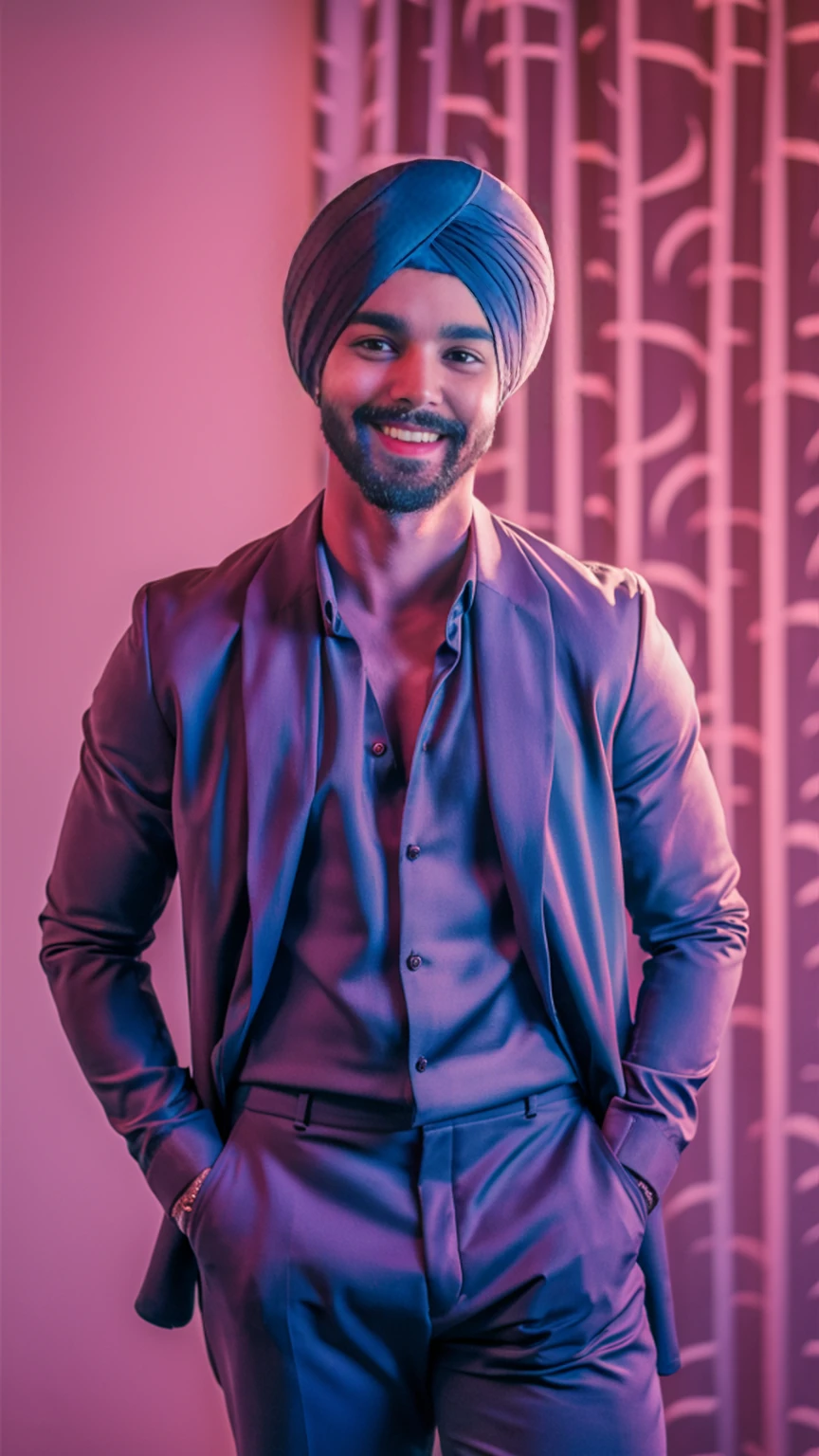 arafed man in a turban and a suit posing for a picture, inspired by Manjit Bawa, wearing a turban, turban, with a seductive smile, dramatic smile pose intricate, portrait shot 8 k, by Manjit Bawa, portrait shot, 7 0 mm portrait, high quality portrait, dressed in a jodhpuri suit, detailed portrait shot, ornate turban