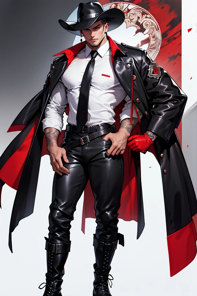 A fashion illustration of a ((masculine)) male model wearing a gothic cowboy outfit, ((full body)) ((head to toe)) . He is wearing leather pants, a jacket cropped at the chest, boots, a skin tight button up shirt, a red necktie, and a black cowboy hat. The main colour theme is black, white, and red. Show me the front and the back of the outfit., masterpiece, UHD, anatomically correct, super detail