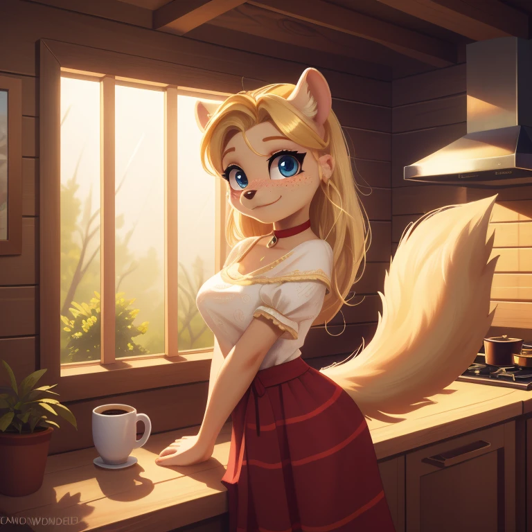 minerva, medium breast,
(detailed blonde hair:1.4), (detailed perfect eyes:1.2), white fur, (detailed fluffy fur:1.2), perfect hourglass body, mink snout, (long fluffy blonde tail:1.3), beautiful black eyes, relaxed pose, looking at viewer,
(freckles:1.2), light smile,
serving coffee,
(masterpiece:1.2), (best quality:1.2), (intricate:1.2), (highly detailed:1.2), (sharp:1.2), (8k:1.2), (highres:1.2),
cinematic summer tropical lighting, vivid colors,
kitchen, wooden cabin,
window, forest, rain,
aliceinwonderlandoutfit