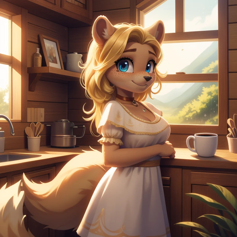 minerva, medium breast,
(detailed blonde hair:1.4), (detailed perfect eyes:1.2), white fur, (detailed fluffy fur:1.2), perfect hourglass body, mink snout, (long fluffy blonde tail:1.3), beautiful black eyes, relaxed pose, looking at viewer,
(freckles:1.2), light smile,
serving coffee,
(masterpiece:1.2), (best quality:1.2), (intricate:1.2), (highly detailed:1.2), (sharp:1.2), (8k:1.2), (highres:1.2),
cinematic summer tropical lighting, vivid colors,
kitchen, wooden cabin,
window, forest, rain,
aliceinwonderlandoutfit