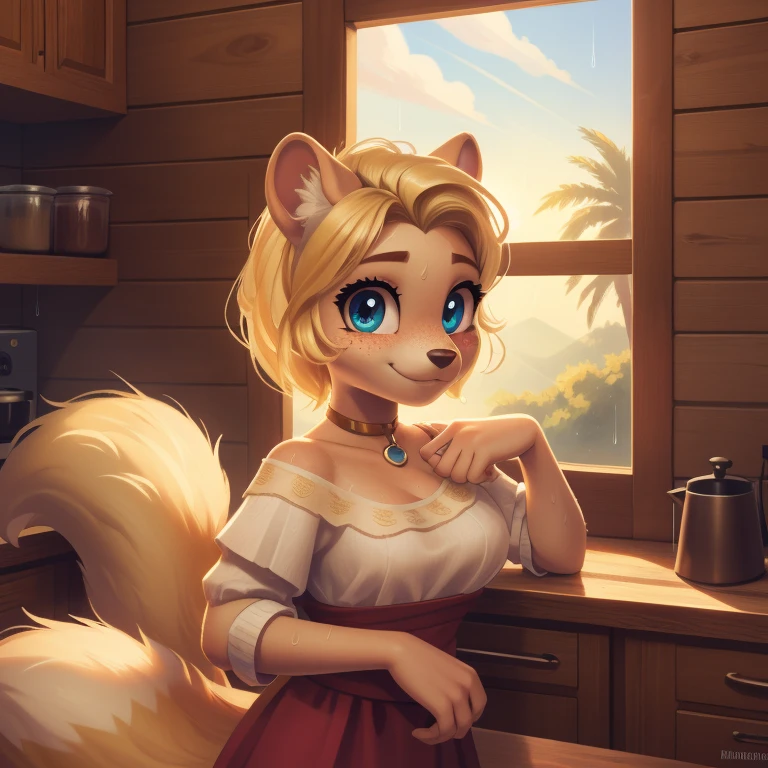 minerva, medium breast,
(detailed blonde hair:1.4), (detailed perfect eyes:1.2), white fur, (detailed fluffy fur:1.2), perfect hourglass body, mink snout, (long fluffy blonde tail:1.3), beautiful black eyes, relaxed pose, looking at viewer,
(freckles:1.2), light smile,
serving coffee,
(masterpiece:1.2), (best quality:1.2), (intricate:1.2), (highly detailed:1.2), (sharp:1.2), (8k:1.2), (highres:1.2),
cinematic summer tropical lighting, vivid colors,
kitchen, wooden cabin,
window, forest, rain,
aliceinwonderlandoutfit