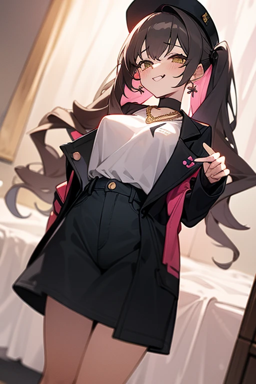 Girl standing posing, Anime girl style, pale light yellow skin, two pigtails wavy black hair, black hat, short white shirt, open black jacket, ripped jeans, white tennis shoes, silver chain necklace, golden circle earrings, smiling face closing eyes with blush, pussy, standing up in her bedroom, lencería,NSFW,breeches, babydoll, body, usando calzon negro y brasier negro, second girl with a other girls wavy hair and pink hair, 2 girls