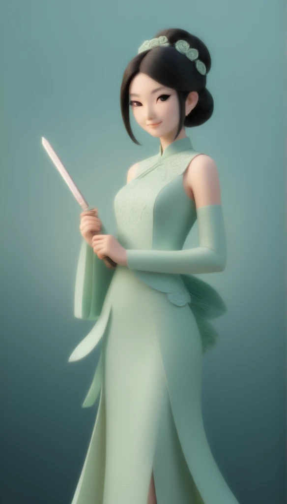 (paper art,layered paper art,paper quilling,paper-cut,paper sculpture), 1 Cheongsam woman，Slender figure，perfectly proportions，Delicate hair accessories, full body, smile，Oriental elements，simple background, mint green,  (Soft Lighting, Bokeh), sword and shild