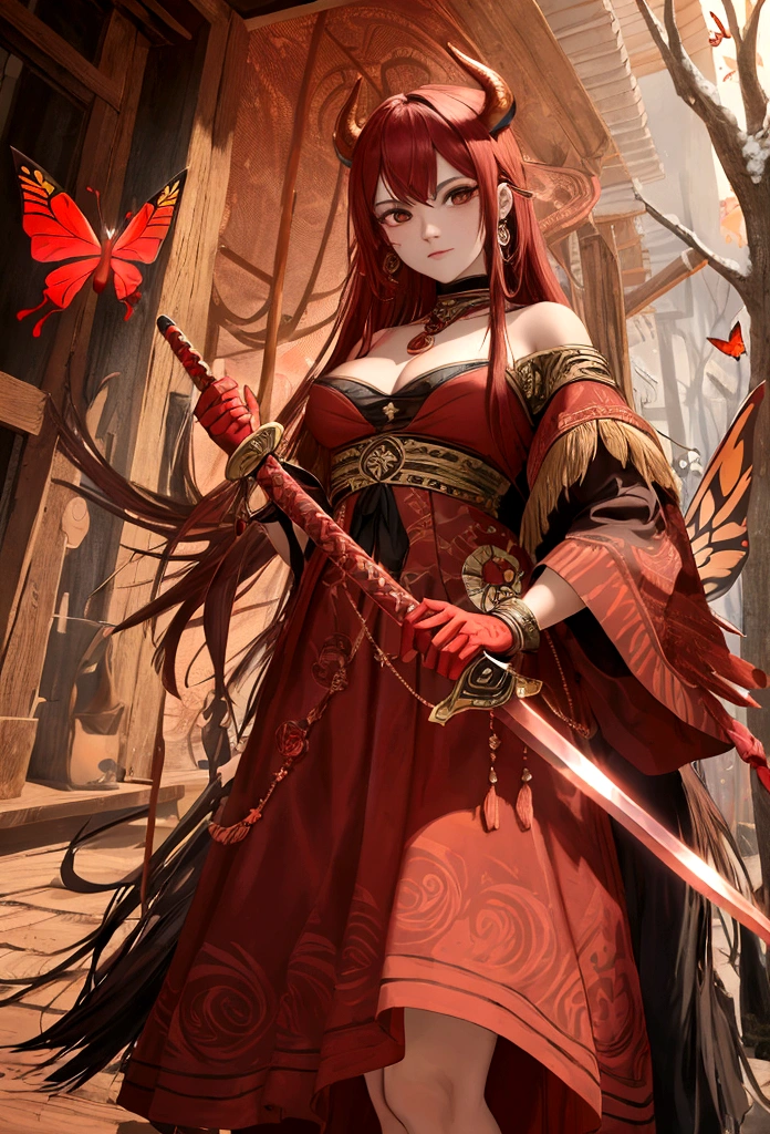 work of art, iansã entity Oyá, red butterfly, Katrina hurricane, Tuuli, big red circle skirt, one hand holding a sharp copper sword and in the other hand an artifact made from the tail of a buffalo