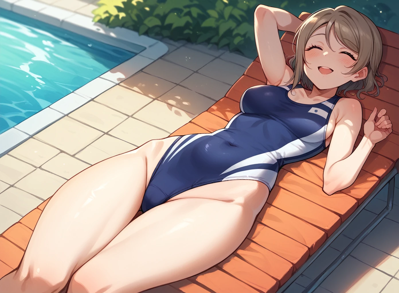 Watanabe You、Lying on a deck chair by the pool、Relaxing in a competitive swimsuit。The fresh breeze from the pool blows around her.、The sun's rays gently illuminate her skin。Her expression was calm and happy.、Lying down comfortably。
