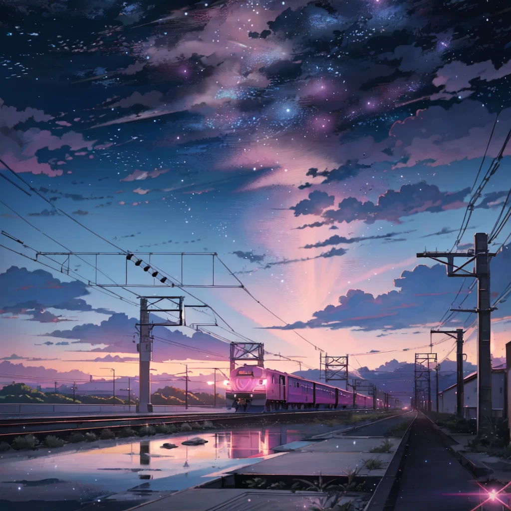 anime scene of a train passing under a pink and purple sky, an anime drawing by Makoto Shinkai, trending on pixiv, magical realism, beautiful anime scene, cosmic skies. by makoto shinkai, ( ( makoto shinkai ) ), by makoto shinkai, anime background art, style of makoto shinkai