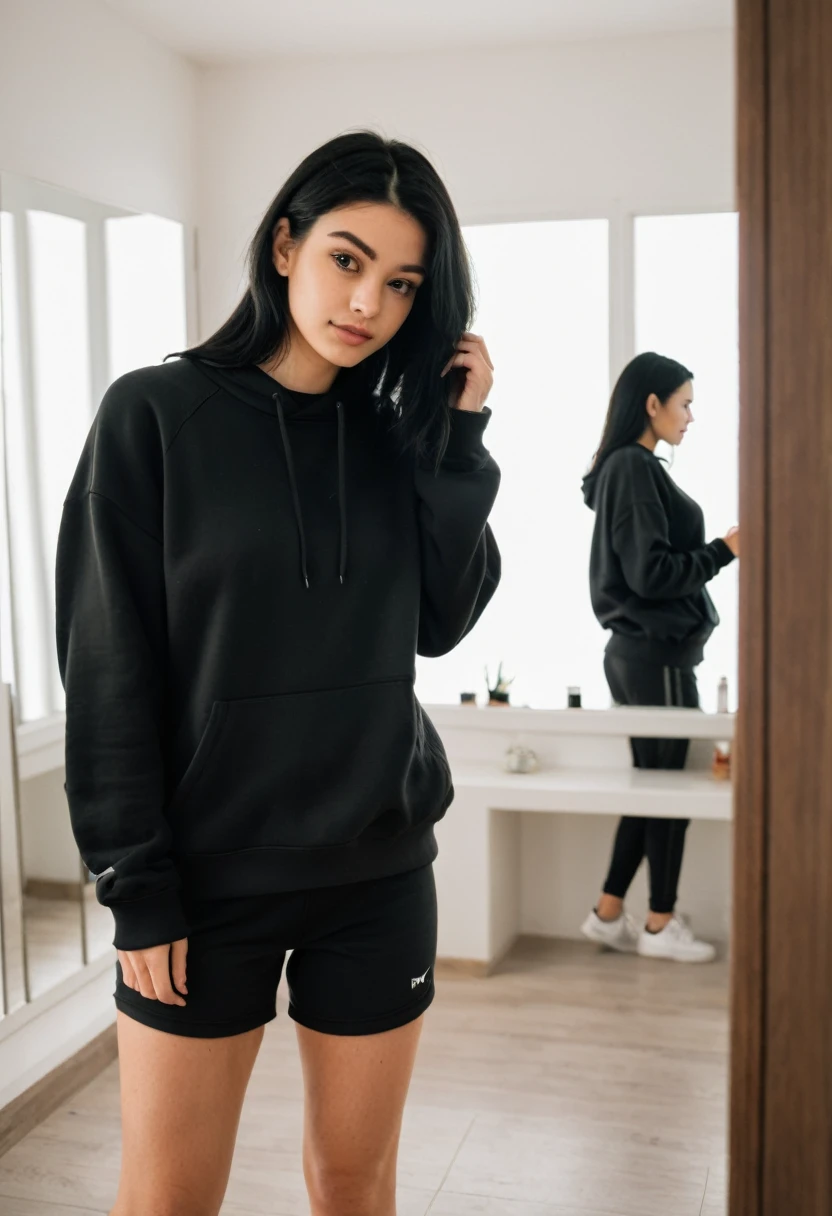 black hair girl, white, wearing black sweatshirt, taking FT in front of the mirror 
