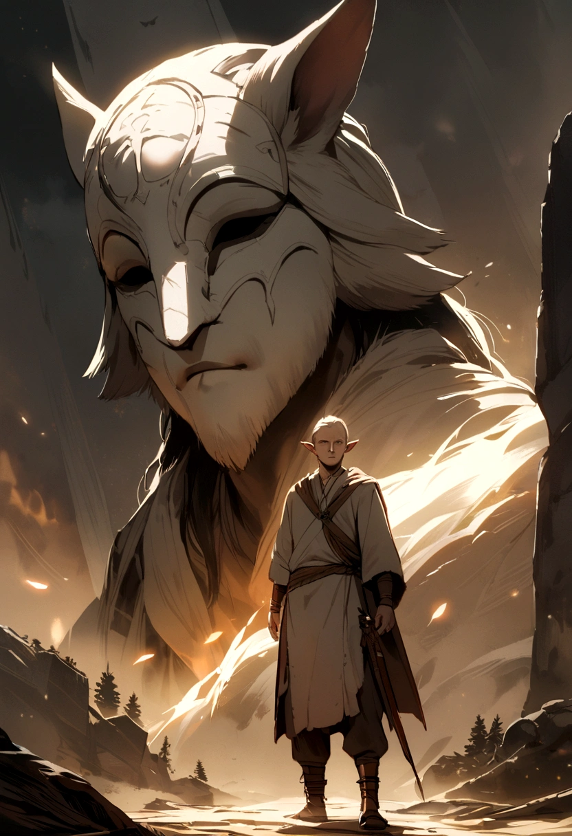 A man wearing a goatskin Jedi mask and the head of Atreus, the legendary human who protects the village from invaders. Full body portrait.