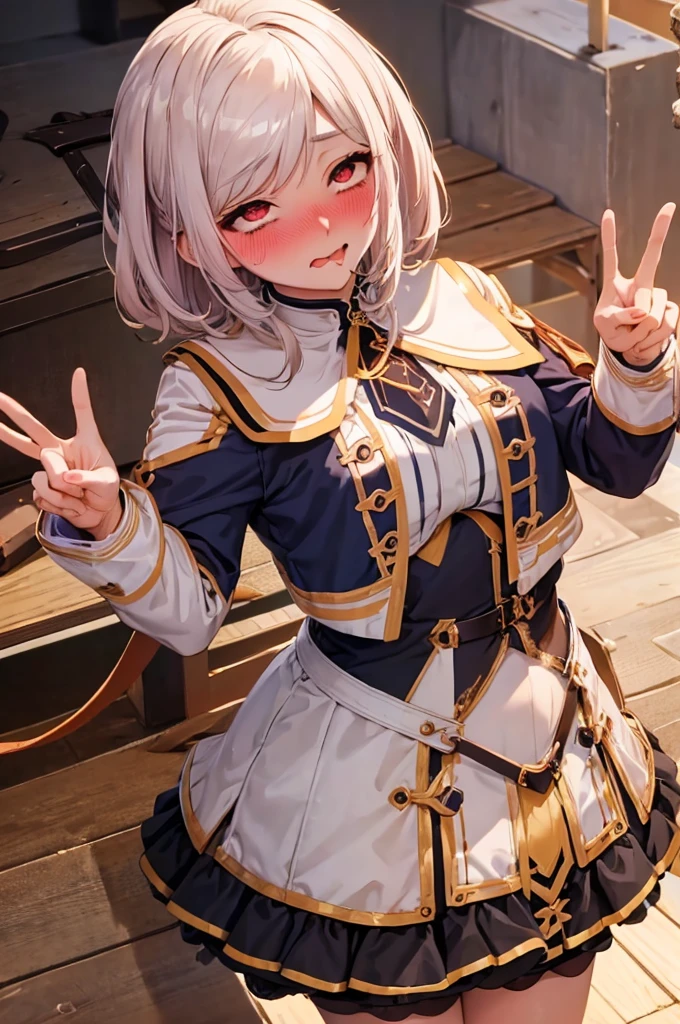 peace sign,(masterpiece, best quality), intricate details, 1girl, megumin, short hair, belt indoors,ahg rolling eyes tongue((((blush)))),(cleatched teetch)